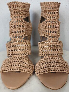 NWOB~$100~INC~SZ 6.5~TAN BEIGE STRETCH ANKLE SANDALS HEELS ZIP BACK BLOCK HEEL